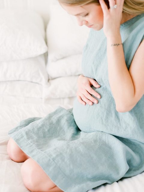 Nashville Maternity and Family Photographer- Blue Linen Maternity Dress with lots of natural light at a lifestyle fine art film Nashville maternity session 