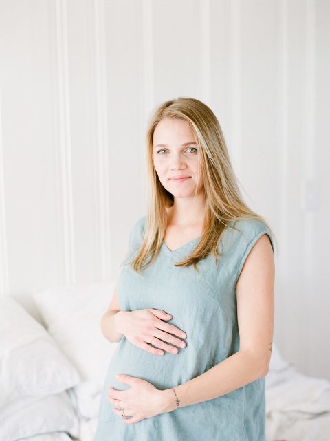 Nashville Maternity and Family Photographer- Blue Linen Maternity Dress with lots of natural light at a lifestyle fine art film Nashville maternity session 