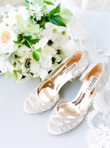 Nashville Wedding Photographer- Wedding Shoes, bouquet, styled fine art on gray styling board